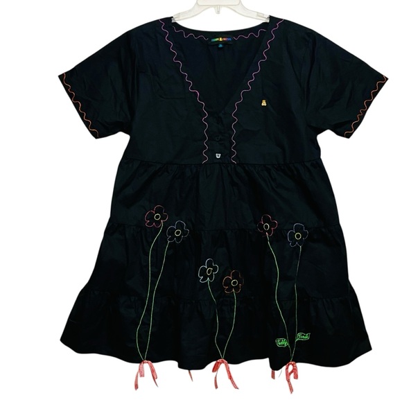 Teddy Fresh Bouquer Dress Black Babydoll Tiered Embroidery Color Floral XL NWOT - Picture 2 of 14